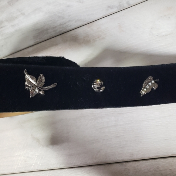 Berge Black Pony Hair Calf Hair Belt Silver Botanical Details Buckle Boho Edgy - Picture 11 of 15